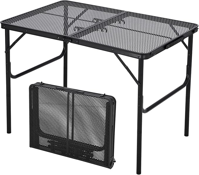 3x2FT Folding Grill Table, Portable Camping Table with Mesh Desktop, Height Adjustable Lightweight Metal Grill Table, for Outdoor Camping, BBQ, Picnic, Travel Cooking, Black