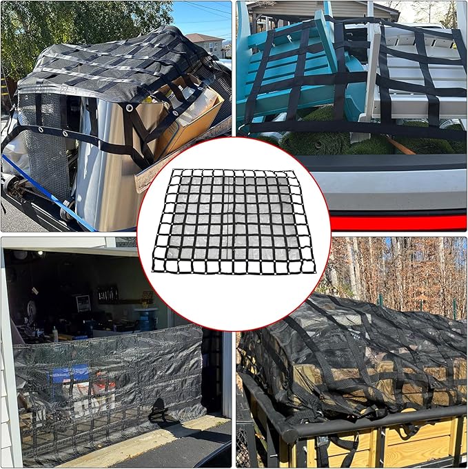 Heavy Duty 81" x 96" Truck Bed Cargo Net with Adjustable Cam Buckles & S-Hooks & Cross Strap,6.75' x 8' Cargo Net with 1500LBS Capacity for Pickup Truck Bed Trailer SUV Jeeps