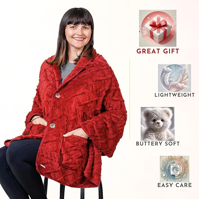 Boho Chic Wearable Blanket -No Sleeves Easy On Easy Off- Lightweight Wrap Shawl - Lap Blanket - Gifts for Her Wife and Mom (Jacquard - Burgundy)