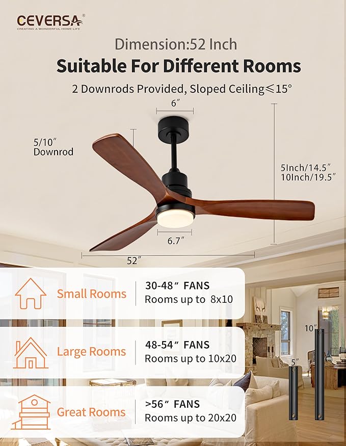 52 Inch Ceiling fans with Lights and Remote,3 Blades Wood Modern Ceiling Fans,Noiseless Reversible DC Motor,Outdoor Ceiling Fans for Patio,Living Room,Bedroom,Indoor,Farmhouse