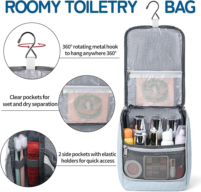 Della Gao Travel Toiletry Bag, Hanging Toiletry Bag for Men and Women, Water-resistant Makeup Bag Cosmetic Toiletries Organizer, Bathroom Bag, Sturdy Nylon, Light Blue