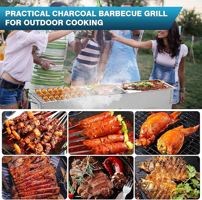 IRONWALLS Portable Charcoal Grills, L 32” x W 8” x H 31” Stainless Steel Folding Yakitori Grill with 25PCS 15” Kebab Skewers for Backyard Barbecue Outdoor Cooking Camping Hiking Picnic