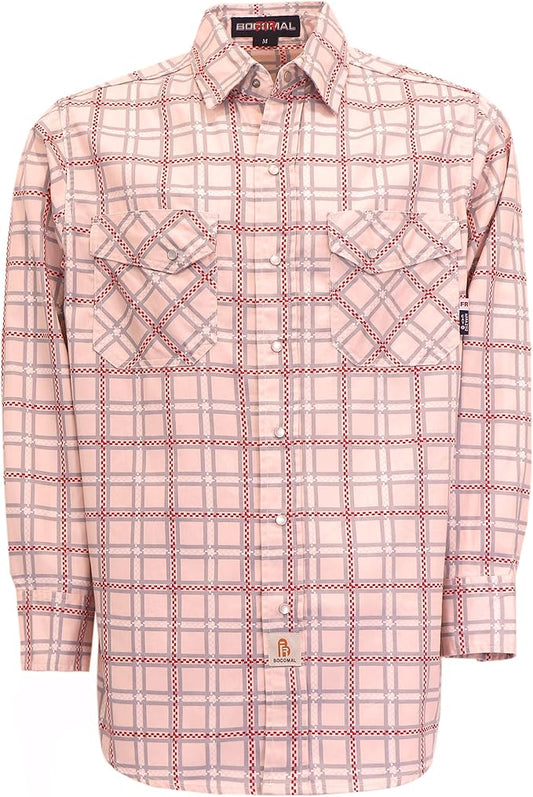 BOCOMAL FR Shirts for Men Printed Plaid Flame Resistant NFPA2112/CAT2 6.5oz Lightweight Fire Retardant Shirt