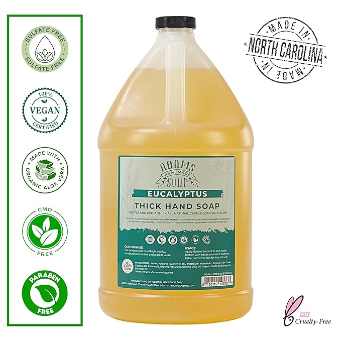 Adams Handmade Soap Thick Organic Castile Liquid Hand Soap 1 Gallon Refill - Eucalyptus (Pack of 4)
