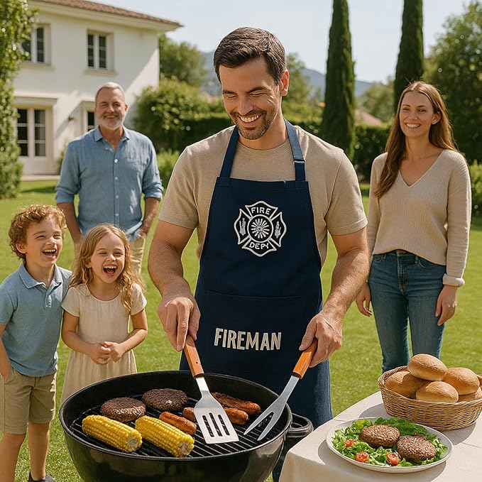 Firefighter Gifts for Men - Large BBQ Grilling Set, 4-Piece Heavy Duty Stainless Steel Tools with Bottle Opener - Fireman, Fire Department, First Responder Flag Gift