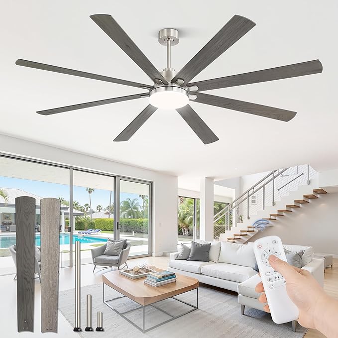 80 Inch Ceiling Fan with Light, Brushed Nickel Ceiling Fan with Large LED Panel, Quiet Reversible DC Motor, 6-Speeds, 3CCT, Indoor/Outdoor Ceiling Fans with Lights for Patio, Livingroom, Garage