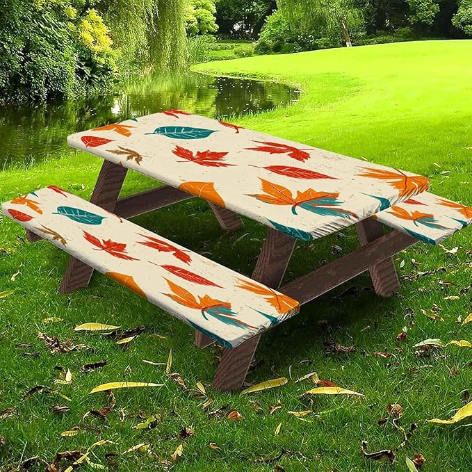 CAPSCEOLL Fitted Picnic Table Cover with Bench Covers with Elastic 8Ft Waterproof Camping Picnic Table Cover Cloths for Outdoors Camping Tablecloth with Drawstring Bag, 96X30in, Maple Leaf