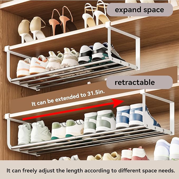 Expandable Shoe Rack Organizer - Adjustable Shoe Rack & Under Cabinet Shelf - for Shoe or Clothing Storage and Organization, Under Shelf Storage (Stainless,4Pcs)