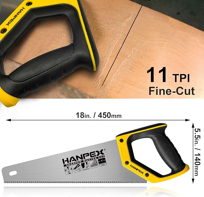 14" Pro Hand Saw, 11 TPI Fine-Cut Handsaw - Sharp Manual Saw Idea for Cutting Wood, Sawing, Gardening, Trimming, Plastic Pipe, Drywall