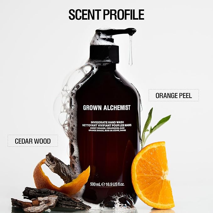 Grown Alchemist Invigorate Hand Wash. Sweet Orange, Cedarwood, Sage. Soothe, Soap to Cleanse & Nourish Skin, (500mL).