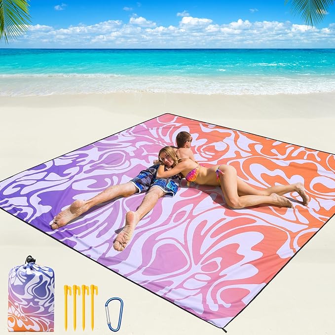 Beach Blanket Waterproof Sandproof Beach Mat 79" X 83"/10'x9'for 2-8 Adults Quick Drying Outdoor Picnic Mat Beach Accessories for Travel, Camping, Hiking
