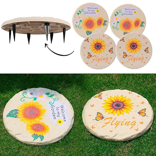 4Pcs Round Sunflower Stepping Stone Outdoor Garden Walkway, Durable Plastic Pavers for Patio, Pathway, and Landscaping, Weatherproof Stepping Stones with Ground Stakes for Easy Installation