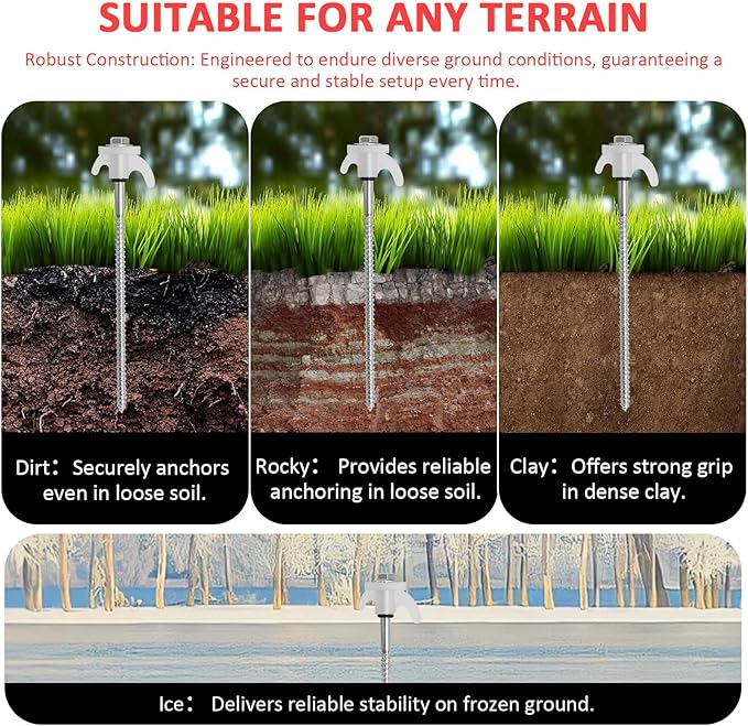 8" Screw in Tent Stakes - 12 Pack Heavy Duty Glow in The Dark Ground Anchors for Camping, Canopy, Awning and Outdoor Use Tent Pegs - Durable Metal Tent Spikes with Hex Head Driver & Storage Box