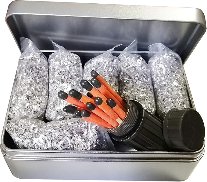 Fire Starter Kit – 6 Magnesium Shaving Packs + Waterproof Windproof Matches in Metal Tin – Emergency Fire Making Kit for Camping, Hiking, Survival, Prepping