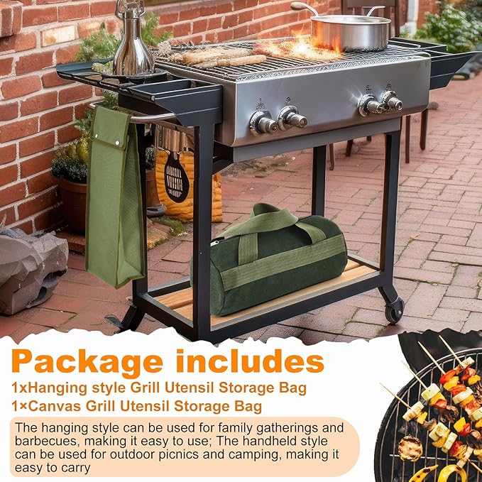 Amylove 2 Pcs Grill Utensil Storage Bag Waterproof Barbecue Grill Tool Accessory Storage with Zipper Foldable Extra Thick Oxford Cloth BBQ Tool Carry Bag for Camping Hiking Barbecue Outdoor(Green)