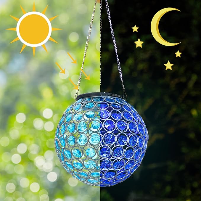 Solar Hanging Lantern Outdoor Lights, Dual LEDs Color Changing and Blue Hanging Light Waterproof Crystal Globe Lamp Decoration in Garden, Pathway, Front Door - Blue