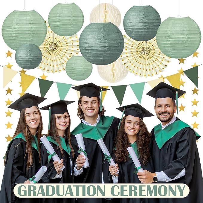 17Pcs Sage Green Party Decorations, Sage Green Gold Cream Paper Lanterns Paper Fans for Baby Shower Birthday Wedding Engagement Bridal Shower Party Decorations