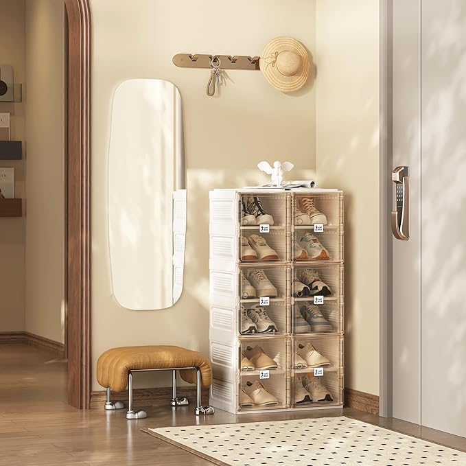 ANTBOX Shoe Organizer Storage Box, Portable Folding Shoe Rack For Closet With Magnetic Clear Door,Large Sneaker Cabinet Bins Sturdy Easy Assembly 6 Layers-12 Grids