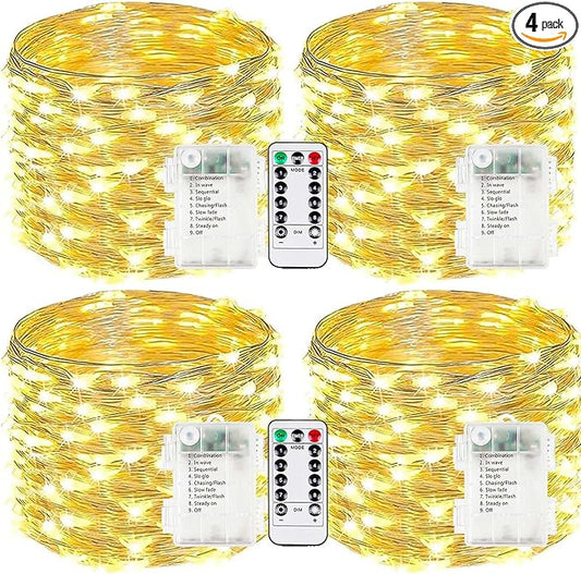 4-Pack Fairy Lights Battery Operated with Remote, Waterproof 33FT 100 LED Battery String Lights Outdoor Indoor, 8 Modes Twinkle Lights with Timer for Bedroom Classroom DIY Christmas Decor (Warm White)