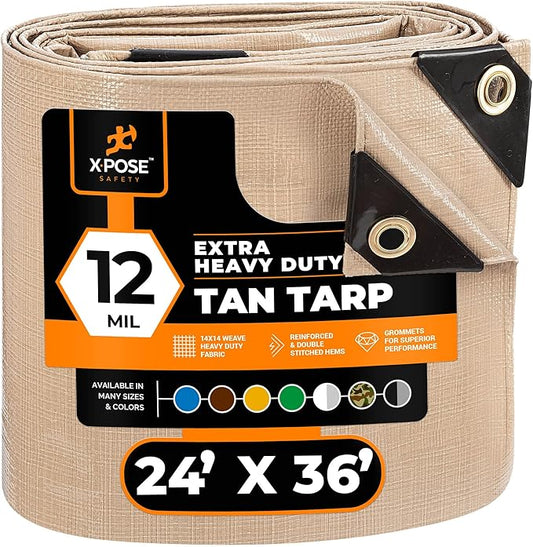 Heavy Duty Tan Poly Tarp 24' X 36' - Multipurpose Protective Cover - Durable, Waterproof, Weather Proof, Rip and Tear Resistant - Extra Thick 12 Mil Polyethylene - by Xpose Safety