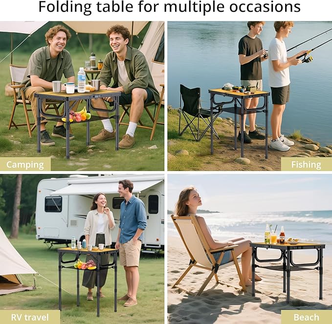 2ft Camping Table Foldable with Storage Net, 3 Adjustable Heights Aluminum Small Folding Table, Lightweight, Portable Handle, for Travel Outdoor Beach Camping Picnic, 23.2" x 16", Yellow