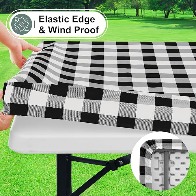 misaya Buffalo Rectangle Picnic Tablecloth, 6 Foot Elastic Fitted Vinyl Table Cloth with Flannel Backing, Waterproof Plaid Table Covers for Dining, Camping, Outdoor (Black and White, 30" x 72")