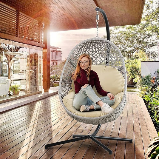 PRIVATE GARDEN Large Hanging Egg Chair with Stand Upgraded Wicker Egg Swing Chair Outdoor Indoor PE Rattan Hanging Chair with Beige Comfort Cushion Heavy Duty C-Stand