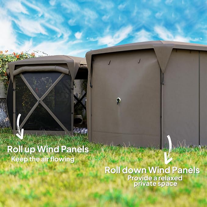 Outsunny Pop Up Gazebo Screen Tent House, 11 x 11ft with UPF30+ Removable Roof Cover, 4 Roll-up Wind Panels and Carry Bag for Camping, Patio, Backyard, Lawn, Brown