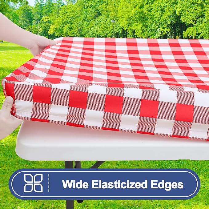 Smiry Picnic Table Cover with Bench Covers, Waterproof Elastic Fitted Tablecloths for 6 Foot Rectangle Tables, Washable Buffalo Plaid Tablecloth for Camping, Outdoor (Red & White, 30"x72")