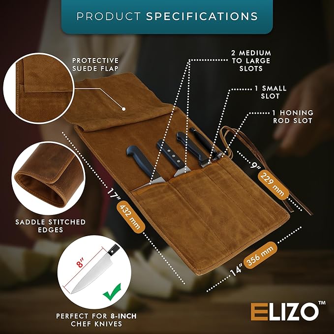 ELIZO Leather Knife Roll Bag Professional Chef Knife Case, Durable Knife Sheath Holder, Cooks & Culinary Tools Carrying Storage, Portable Knife Wrap - 4 Slots