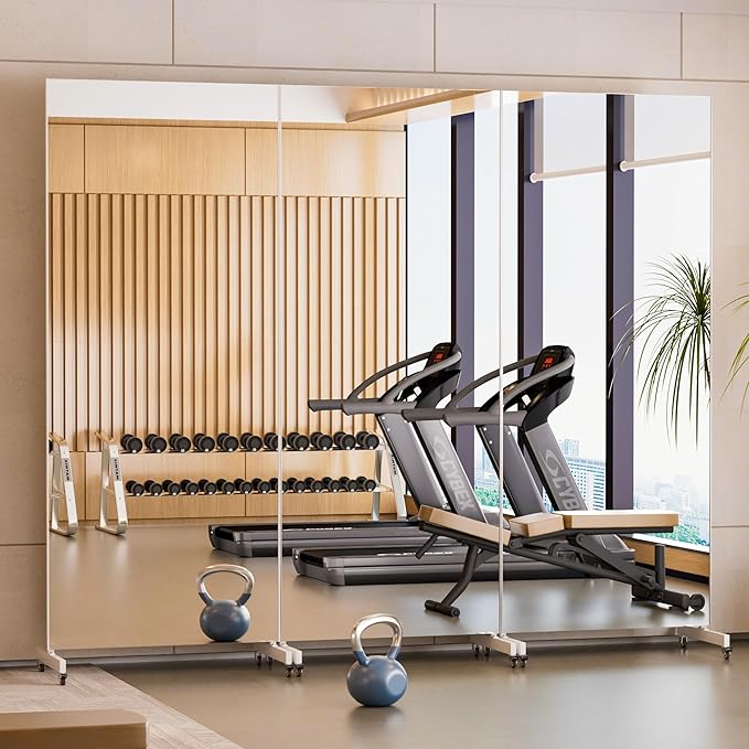 brisafe Home Gym Mirror 360° Swivel on Wheels, 75" X 32" Nano Film Super Lightweight Unbreakable Full Length Mirror for Yoga, Dance Studio, White