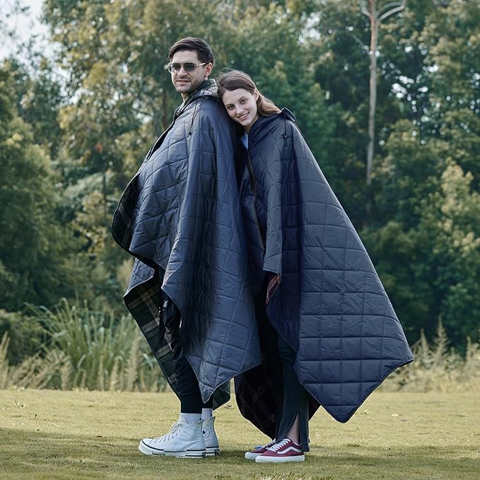 DUKUSEEK Large Camping Blanket - Waterproof, Quilted, Extra Thick Fleece, Warm, Windproof, Wearable, Includes Foldable Hood and Stuff Sack for Car, Outdoor Sports, Picnics, Stadiums, Dogs…