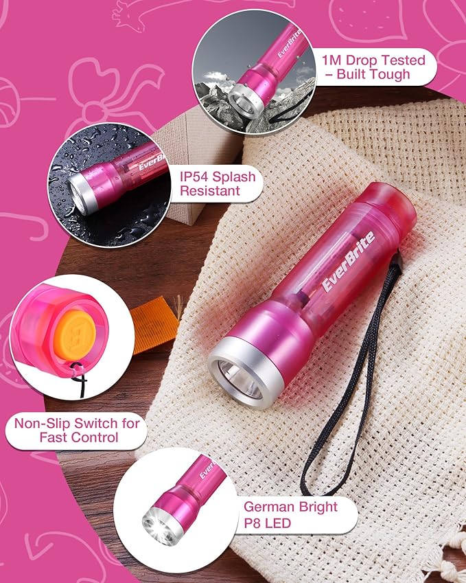 EverBrite Mini Flashlight, LED Flash Light with 3 Modes, 3 AAA Batteries Included, Water-Resistant Small Flashlight for Emergencies and Camping, Pink, 1 Pack