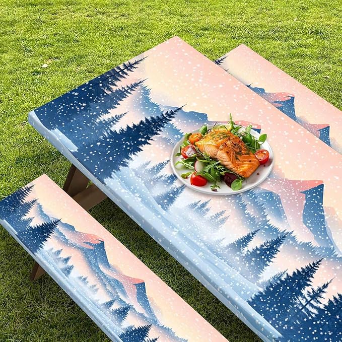 CAPSCEOLL Elastic Picnic Table Cover with Bench Covers 5Ft Waterproof Fitted Picnic Table Cover Cloths for Outdoors Camping Tablecloth with Drawstring Bag, 60X30in, Snow Mountain