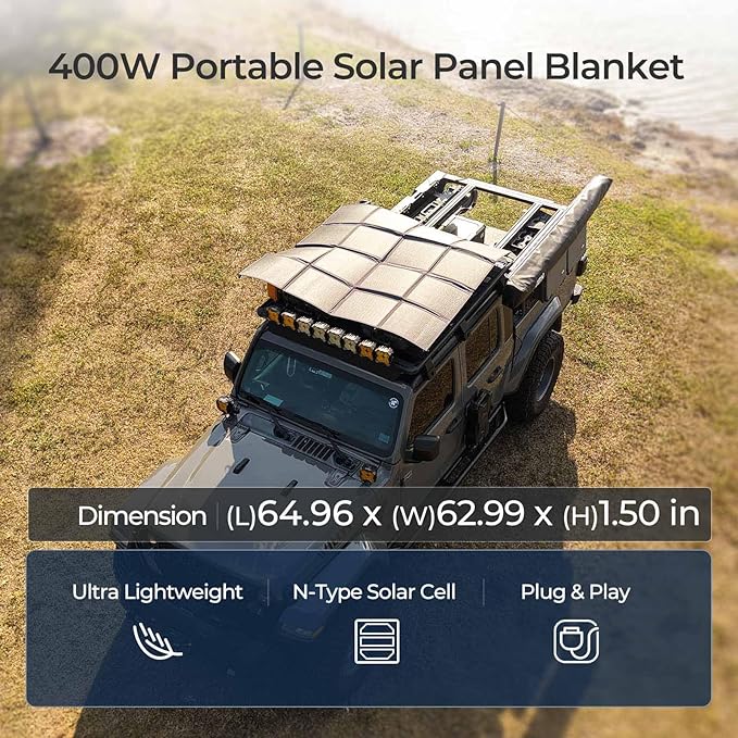 Renogy 400 Watt Solar Panel Blanket, N-Type Portable Foldable Solar Panels 25% High Efficiency, Lightweight 16-Fold Space-Save, Fast Setup for Camping, RV, SUV, Pickup Truck, Marine, Off-Grid Outdoor