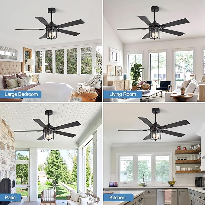 52 Inch Outdoor Ceiling Fan,IP65 Waterproof and Moisture-Proof Ceiling Fan,with Light and Remote Control,6-Speed Reversible DC Motor,Suitable for Pavilions and Terraces.Black
