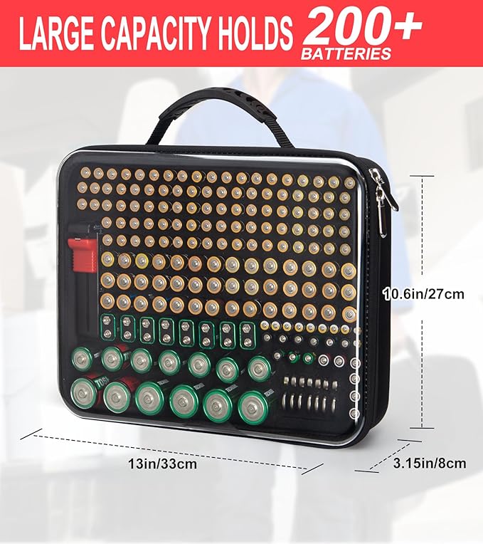 Battery Organizer Storage Case with Tester,Stores & Protects Up to 200+ Batteries, Clear Cover with Easy Carry Handle, Garage Gadget Organization Holds AA AAA C D 9V