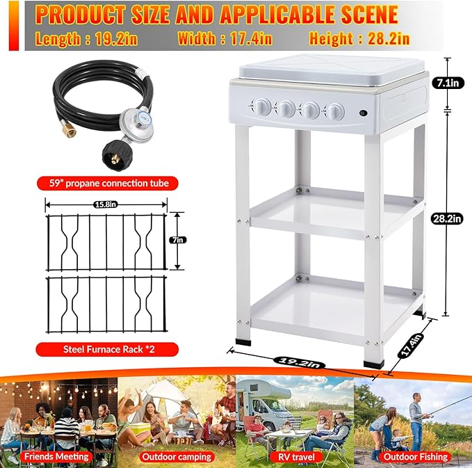 4 Burner Propane Gas Stove,300000BTU Portable Gas Stove with Support Leg Stand and Wind Blocking Cover Adapter Auto Ignition Camping Stove,propane burner for RV, Apartment, Outdoor Cooking