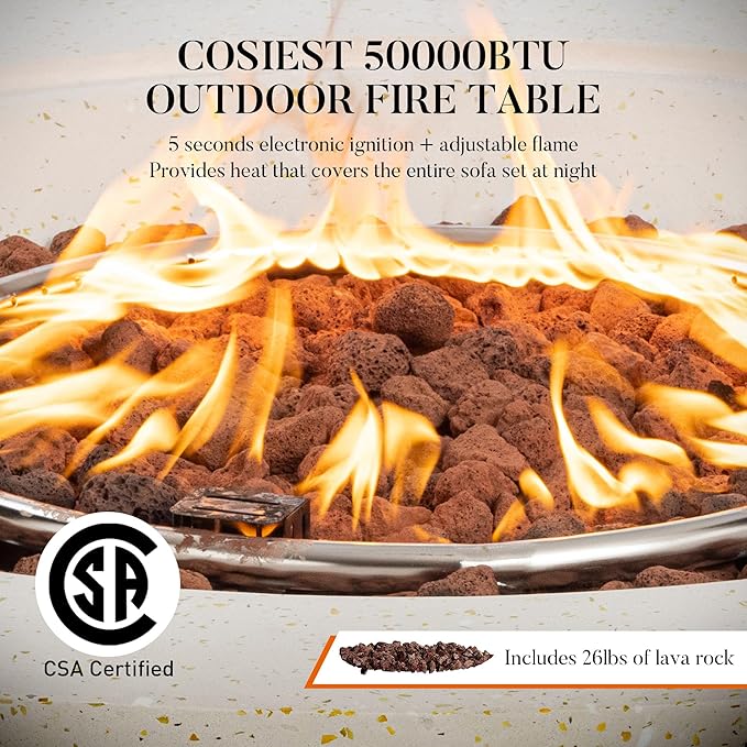 COSIEST 42" Outdoor Propane Fire Pit Table Round Gas Fire Pit Table with Concrete & Wood Grain Design, 50000BTU CSA Certified Electronic Ignition Fire Tables for Patio, Backyard, Garden Heating