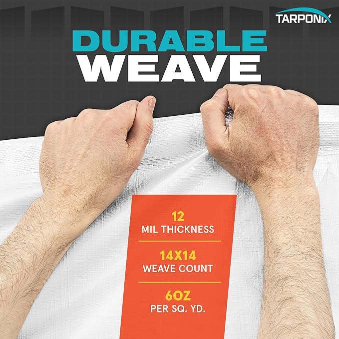 6' x 10' Extra Heavy-Duty White Poly Tarp – 12 Mil Thick, Waterproof, UV-Resistant Polyethylene with Reinforced Edges, Double-Stitched Hems, and Rustproof Grommets