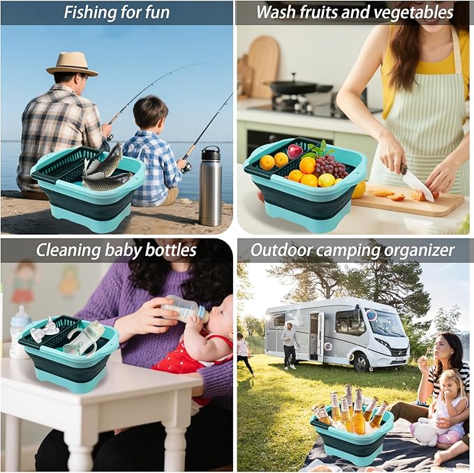 2.77 Gallon (10.5L) Collapsible Dish Basin with Drain Plug, Green Camping Dish Basin for RV, Space-Saving Foldable Wash Tub, BPA-Free Portable Sink for Vegetables and Dishes- with Brush