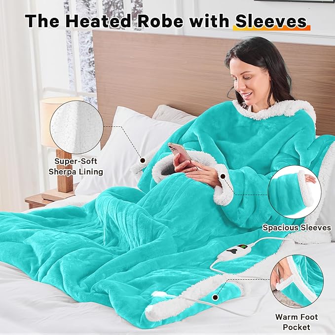 greenoak Wearable Heated Throw Blanket Electric Snuggle - Heated Robe with Foot Pocket for Adult, Winter Gifts for Mom Women 5-Position Timer 10-Heating Levels,50 * 70",Turquoise