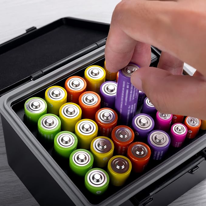 Hard Case for AA AAA Battery with Tester Checker,34 Slots Battery Storage Organizer for 20 AA and 14 AAA Battery, Water-Resistant and Shockproof, AA and AAA Battery Holder Container