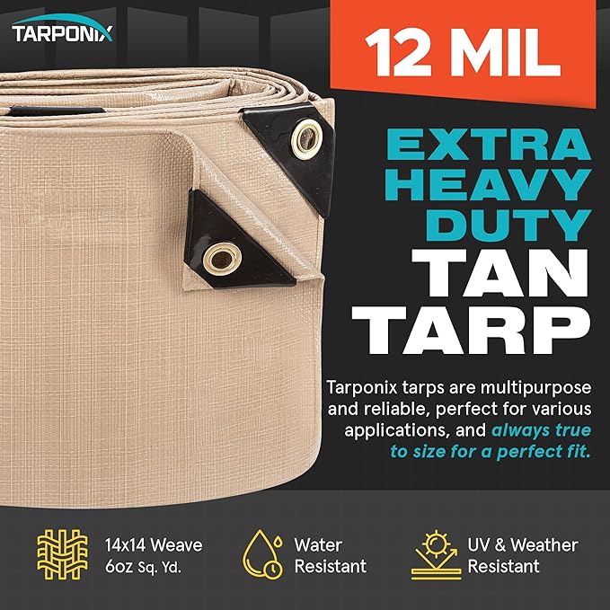 6' x 20' Extra Heavy-Duty Tan Poly Tarp – 12 Mil Thick, Waterproof, UV-Resistant Polyethylene with Reinforced Edges, Double-Stitched Hems, and Rustproof Grommets