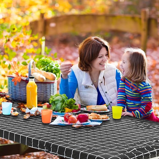 3 Pcs Plastic Picnic Table Cover Checkered Tablecloth Fitted Rectangular Table Cloth 30 x 72 Inch Vinyl Waterproof Flannel Backed with Elastic Rim for Indoor Outdoor Picnic Party(Black and White)