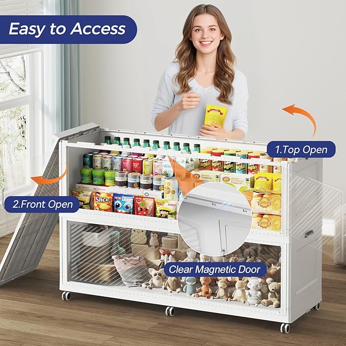 150GAL Extra Large Stackable Storage Bins with Lid, 600QT Plastic Closet Organizer and Storage Cabinet with Wheels and Doors, Folding Storage Box Container for Home Organization, 3Pack White