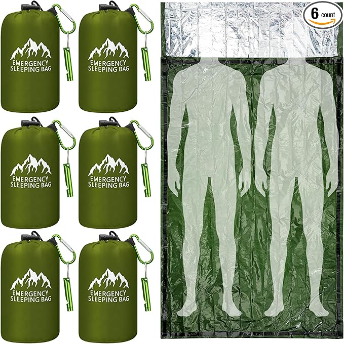Oudain 6 Pcs XL Emergency Sleeping Bag 94.5" x 49.2" Waterproof Survival Sleeping Bag with Whistle Carabiner Portable Thermal Bivy Sack Emergency Blankets for Camping Hiking Outdoor