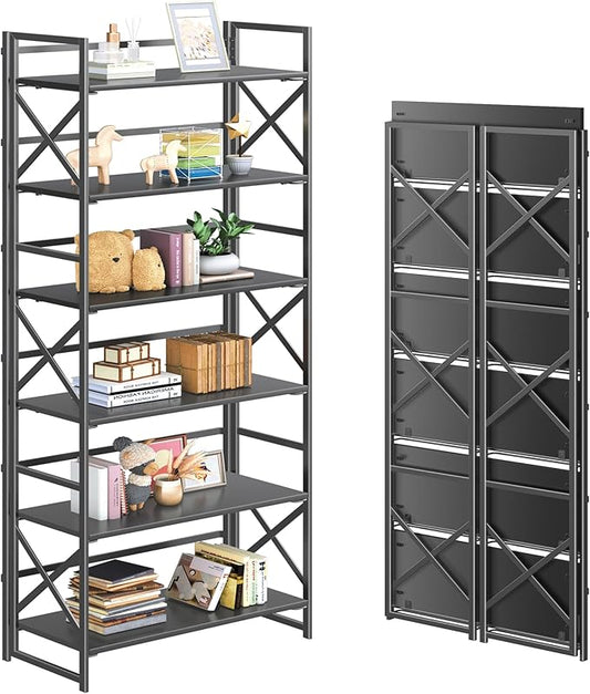 4NM 6 Tiers No Assembly Book Shelves, 61.8" H Folding Bookshelf Bookcase Open Industrial Foldable Shelves for Bedroom, Living Room, Home Office - All Black