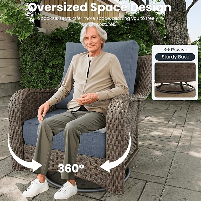 8 Pieces Outdoor Patio Furniture Sets with Rocking Swivel Chairs with 6-inch Thick Cushion and Fire Pit Table for Deck Lawn