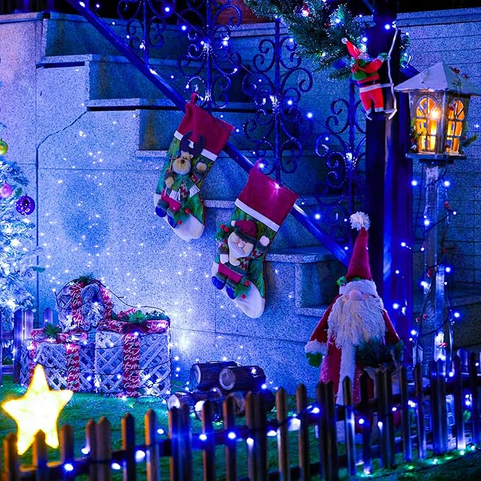 JMEXSUSS 250 LED Blue Christmas Lights: 91.5ft Extendable Green Wire Blue String Lights Outdoor Waterproof - 8 Modes Christmas Tree Light Indoor